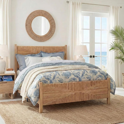 Queen Size Rattan Bed Frame, Boho Bed Frame with Hand Woven Wicker Headboard & Footboard, Mid-Century Solid Wood Posts and Feet, Metal Slat, No Box Spring Needed, Natural Oak