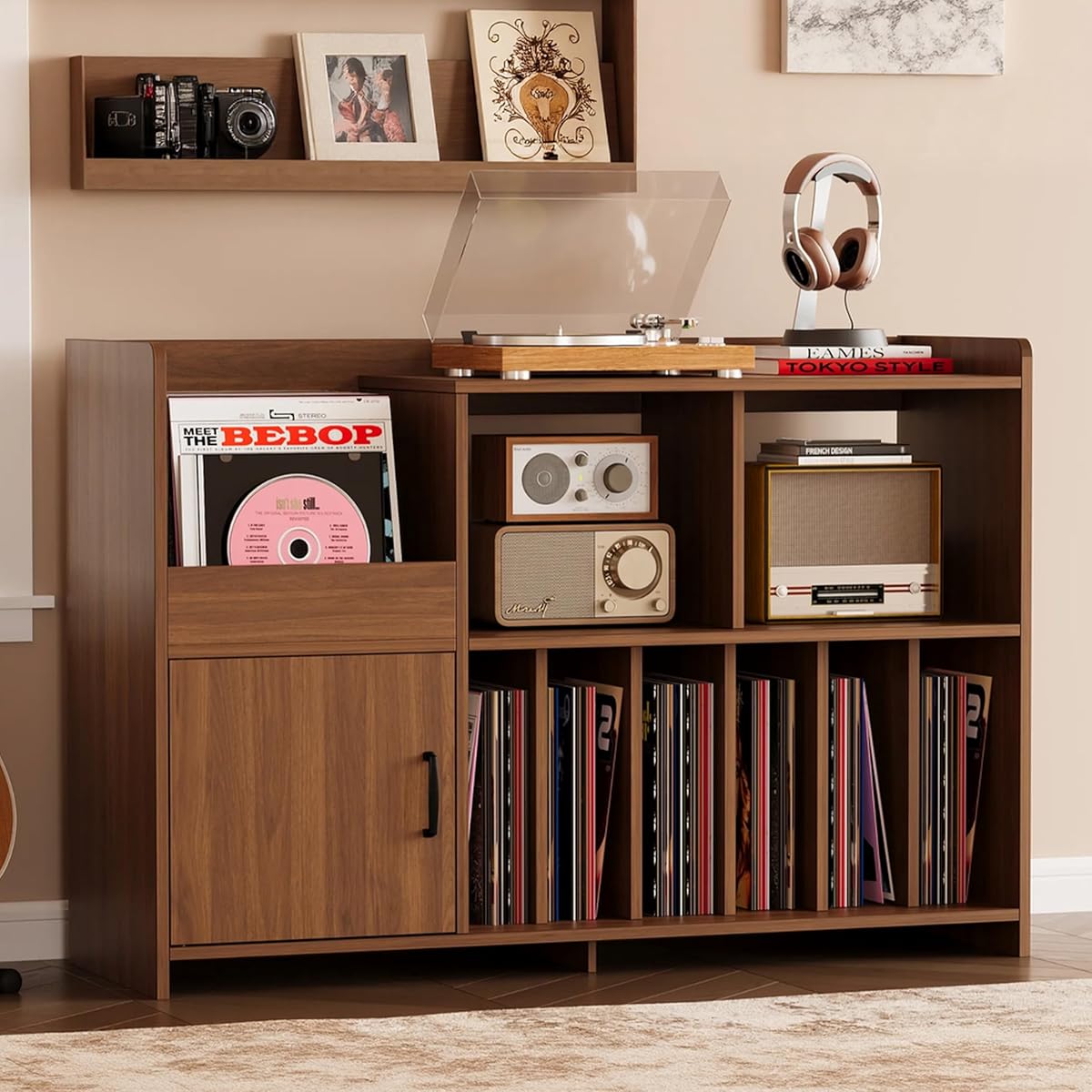 48" Mid-Century Modern Record Player Stand with Door, Walnut