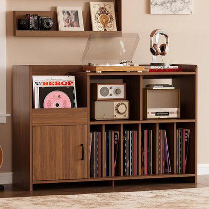 48" Mid-Century Modern Record Player Stand with Door, Walnut