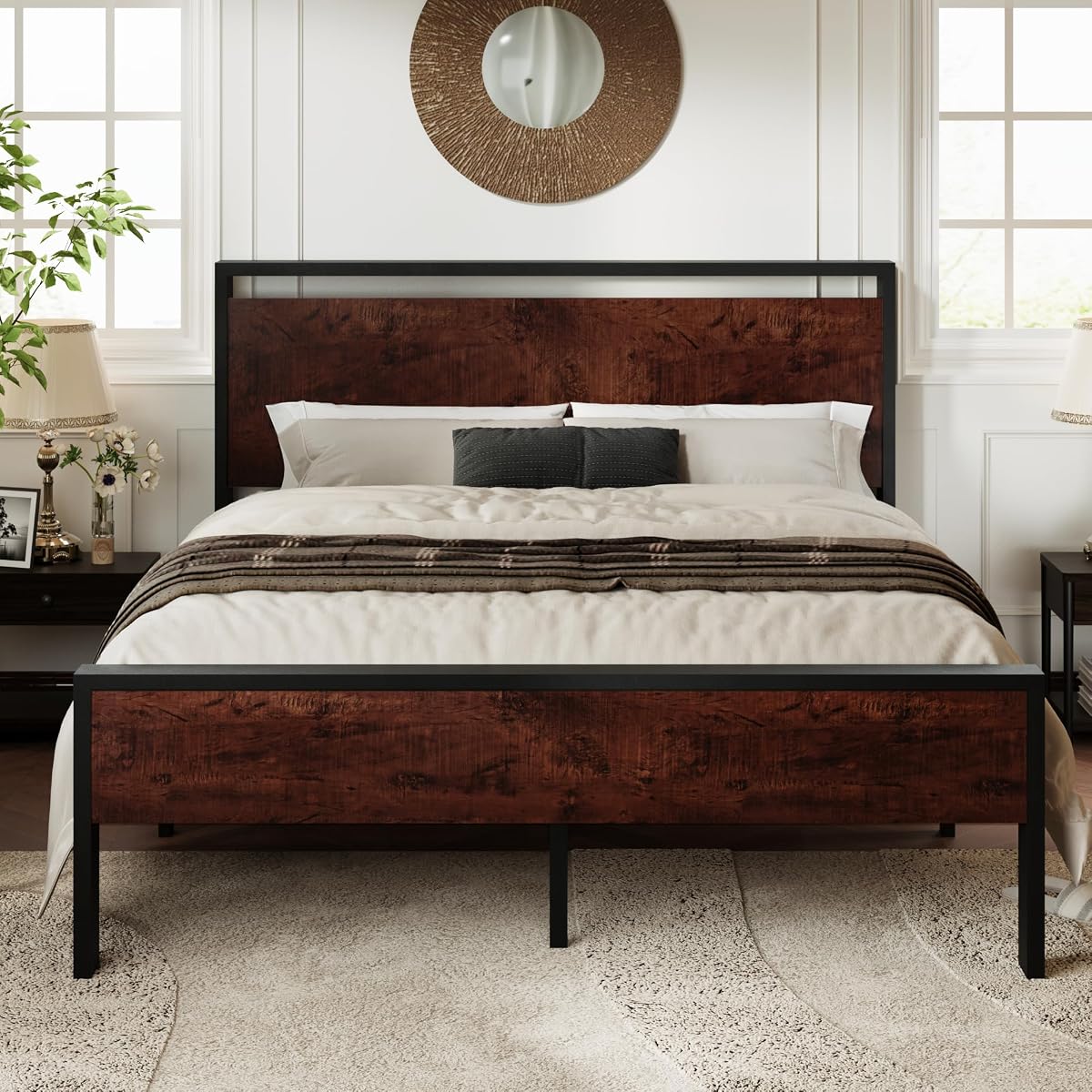 Queen Size Bed Frame, Heavy Duty 12 Metal Slats Support, Mahogany