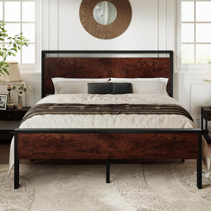 Queen Size Bed Frame, Heavy Duty 12 Metal Slats Support, Mahogany