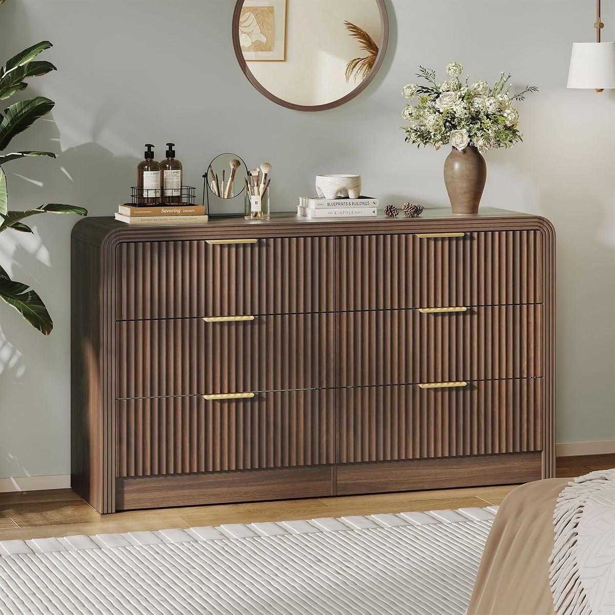 55" W Fluted 6-Drawer Dresser for Bedroom, Walnut