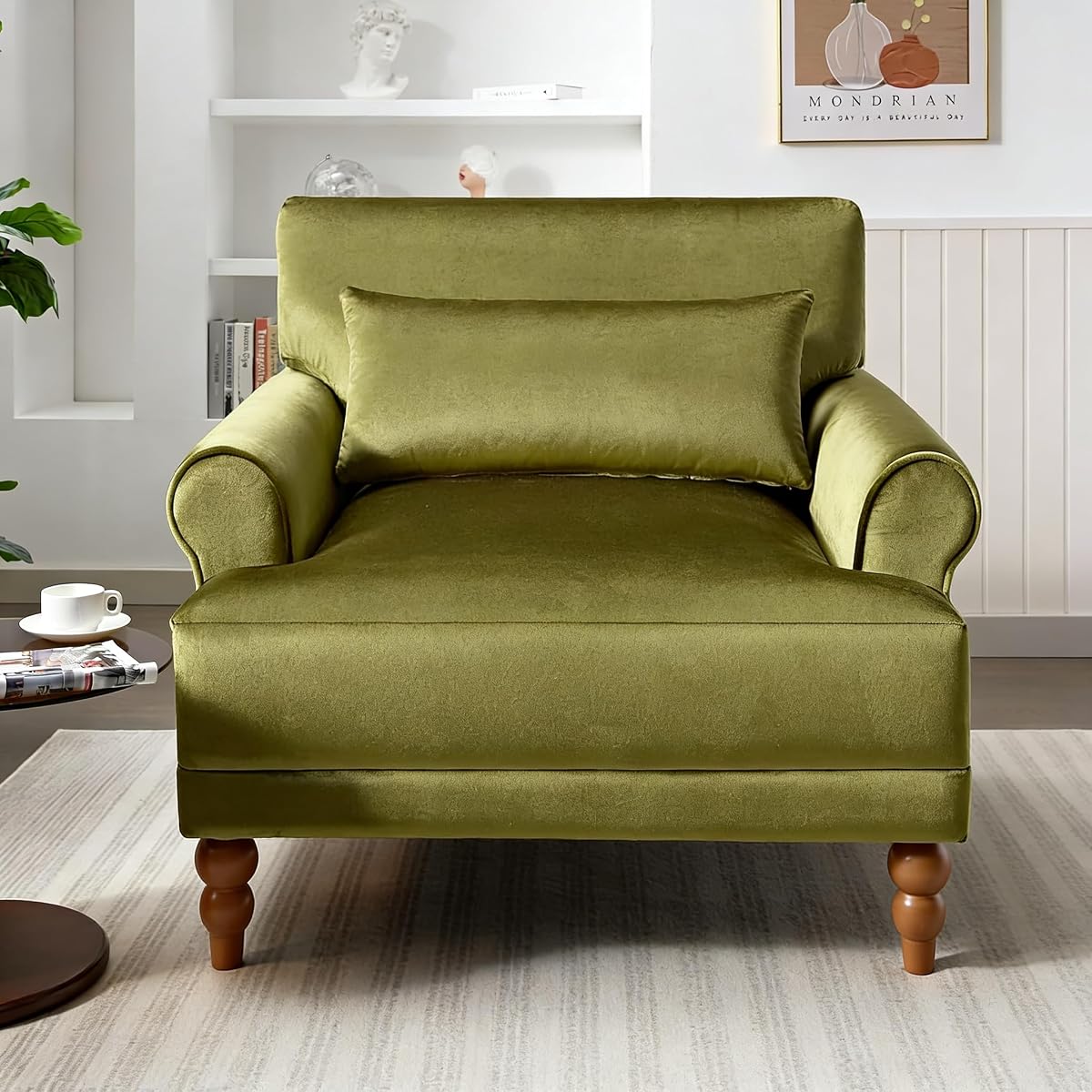 Oversized Velvet Accent Arm Chair with Roman Column Legs, Green