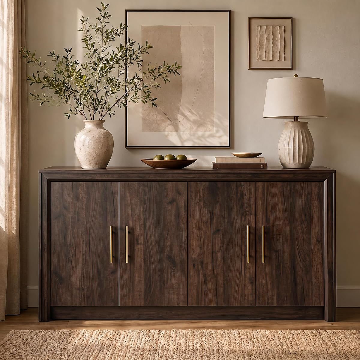 63" Sideboard Buffet Cabinet, Beveled Profile Design, Walnut
