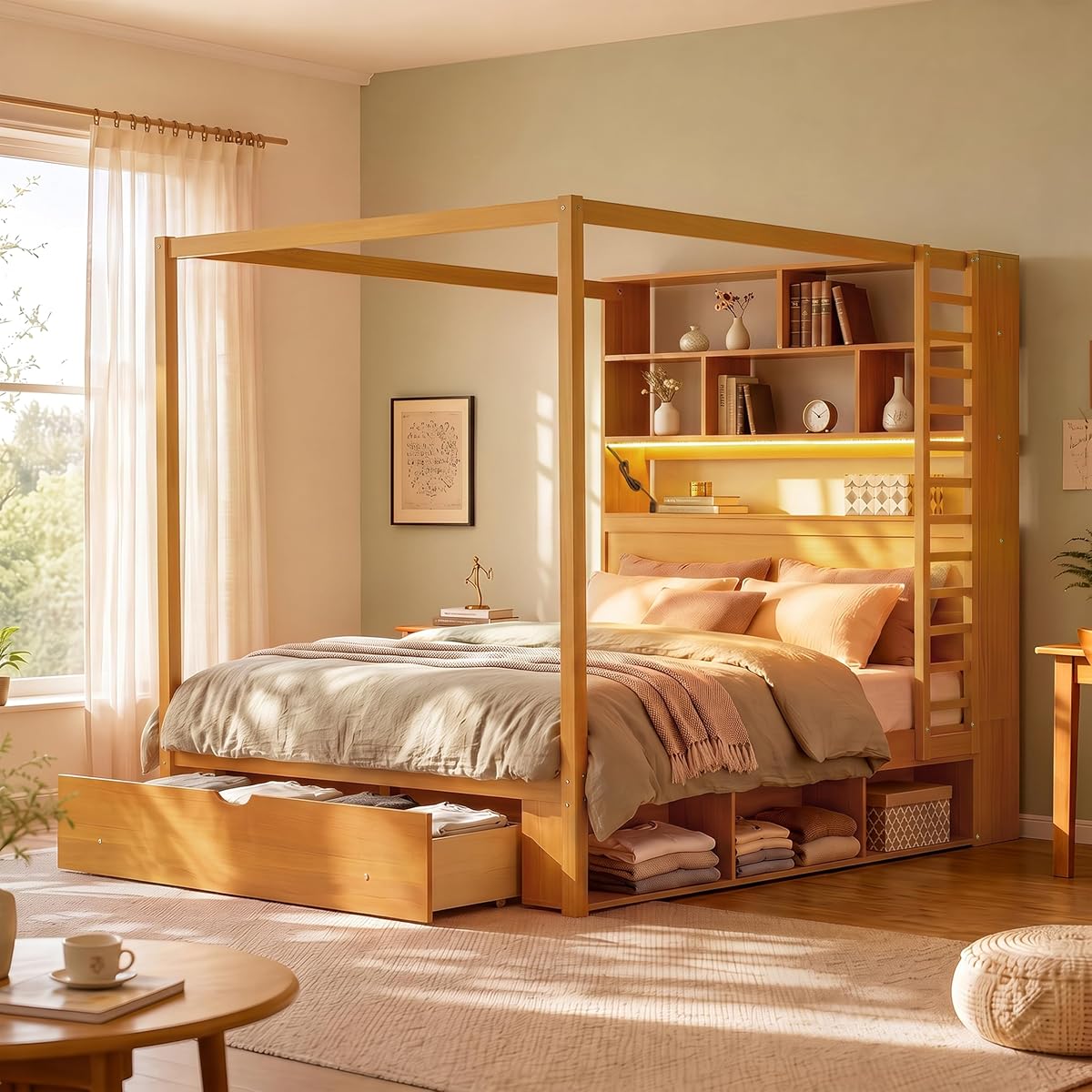 Full Size Wooden Canopy Bed Frame with Bookcase Headboard, Walnut