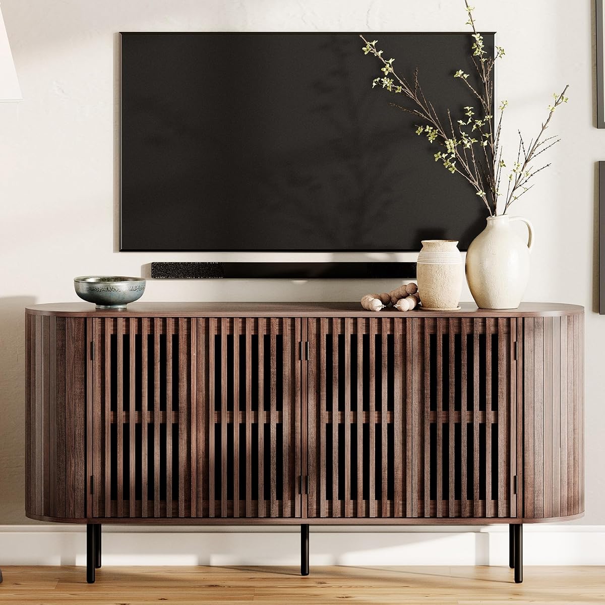 64.4" Fluted TV Stand, Wood Entertainment Center for TVs Up to 70 inches
