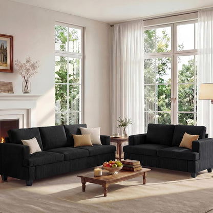 Loveseat & 3 Seater Sofa Sets, 89" Couch Sofa Set for Living Room Furniture, 2 Piece Modern Sleeper Sofa with Deep Seat Cloud Couch for Apartment Lounge, Black Corduroy