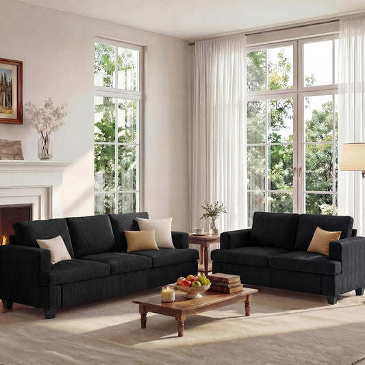Loveseat & 3 Seater Sofa Sets, 89" Couch Sofa Set for Living Room Furniture, 2 Piece Modern Sleeper Sofa with Deep Seat Cloud Couch for Apartment Lounge, Black Corduroy
