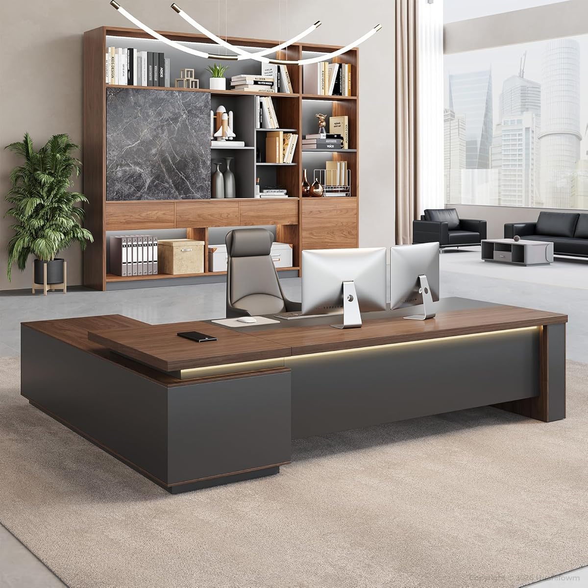 63" Reversible L-Shaped Executive Desk with Locking Drawers, Compact Office Desk for Home & Manager Office, Power Outlet, USB Ports, Storage Shelves, Privacy Panel & LED Light, Walnut Gray