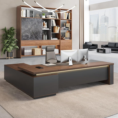 63" Reversible L-Shaped Executive Desk with Locking Drawers, Compact Office Desk for Home & Manager Office, Power Outlet, USB Ports, Storage Shelves, Privacy Panel & LED Light, Walnut Gray
