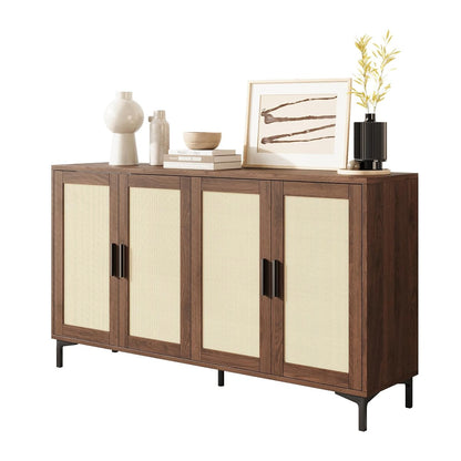 48" Rattan Buffet Cabinet with Storage, Walnut Coffee Bar Cabinet