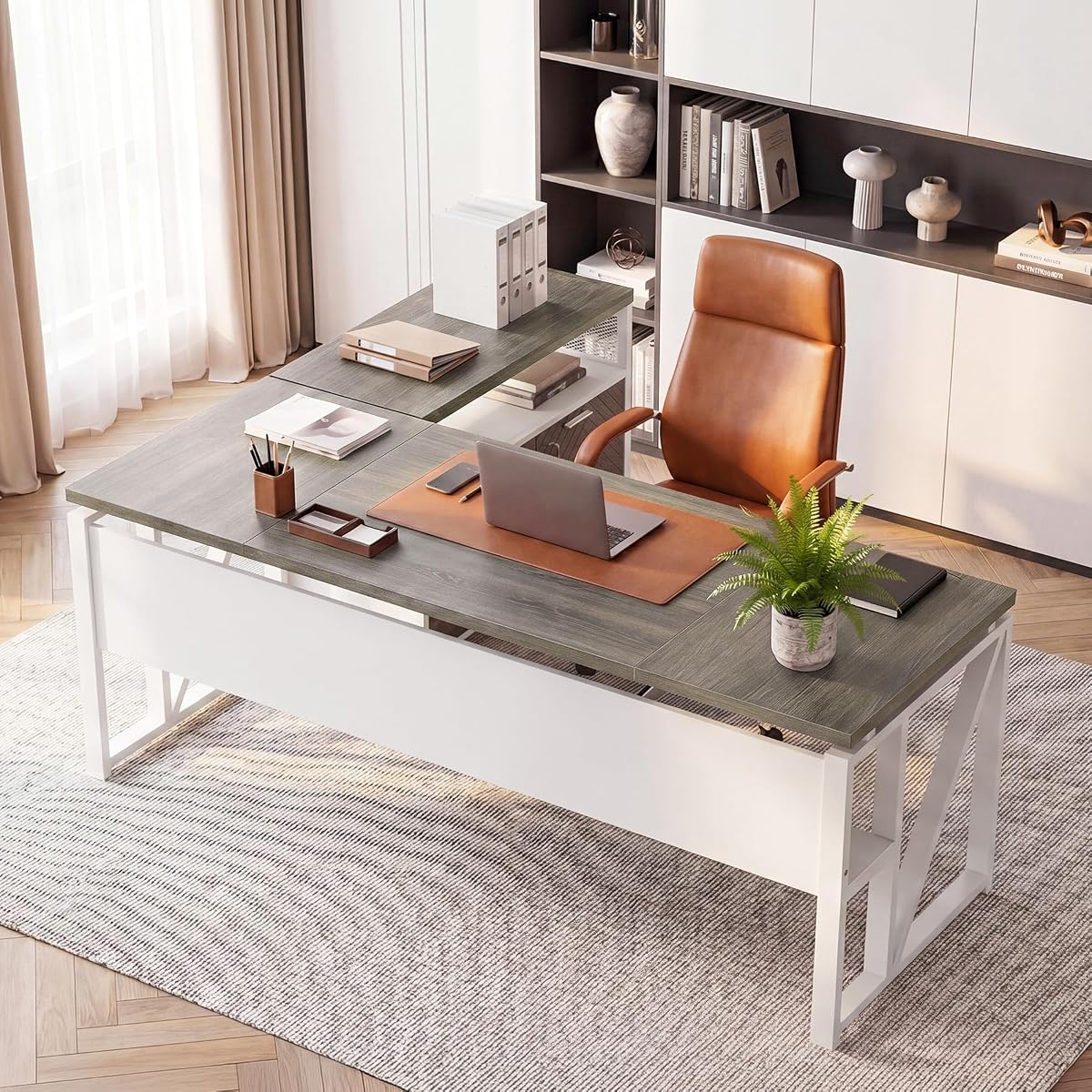63" Executive Desk with Drawer Cabinet, L-Shaped Desk, Dark Oak