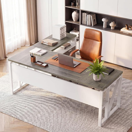63" Executive Desk with Drawer Cabinet, L-Shaped Desk, Dark Oak