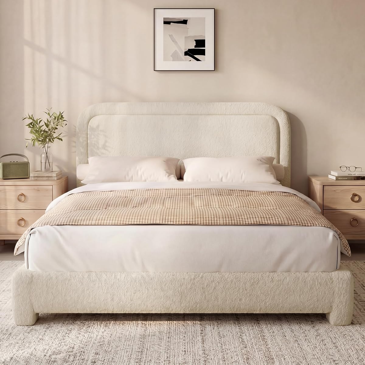 Boucle Queen Size Bed Frame with Adjustable Headboard