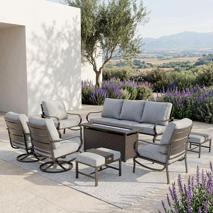8 PCS Patio Furniture Set with Fire Pit Table,Metal Outdoor Furniture with 1 x 3-Seat Bench Sofa, 2 x Swivel Sofa Chairs, 2 x Leg Chair & 2 x Ottoman, Modern Patio Set, Grey