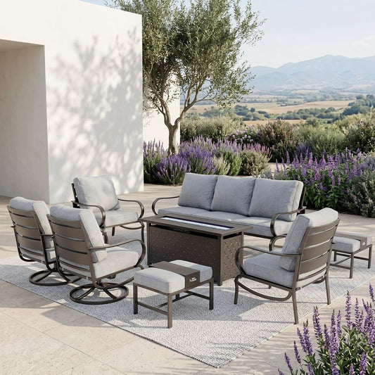 8 PCS Patio Furniture Set with Fire Pit Table,Metal Outdoor Furniture with 1 x 3-Seat Bench Sofa, 2 x Swivel Sofa Chairs, 2 x Leg Chair & 2 x Ottoman, Modern Patio Set, Grey