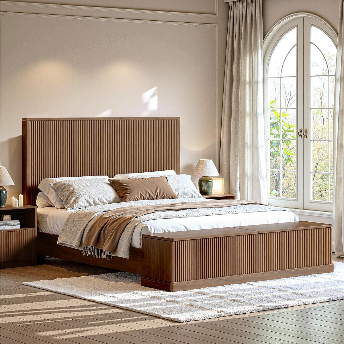 Fluted Walnut King Bed Frame with 51'' Headboard & Storage Bench