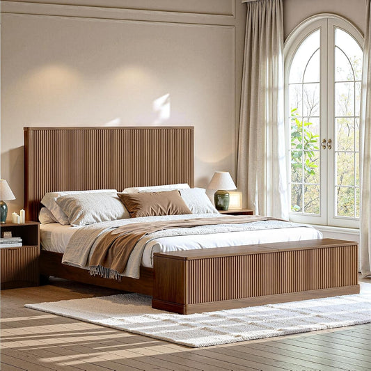 Fluted Walnut King Bed Frame with 51'' Headboard & Storage Bench