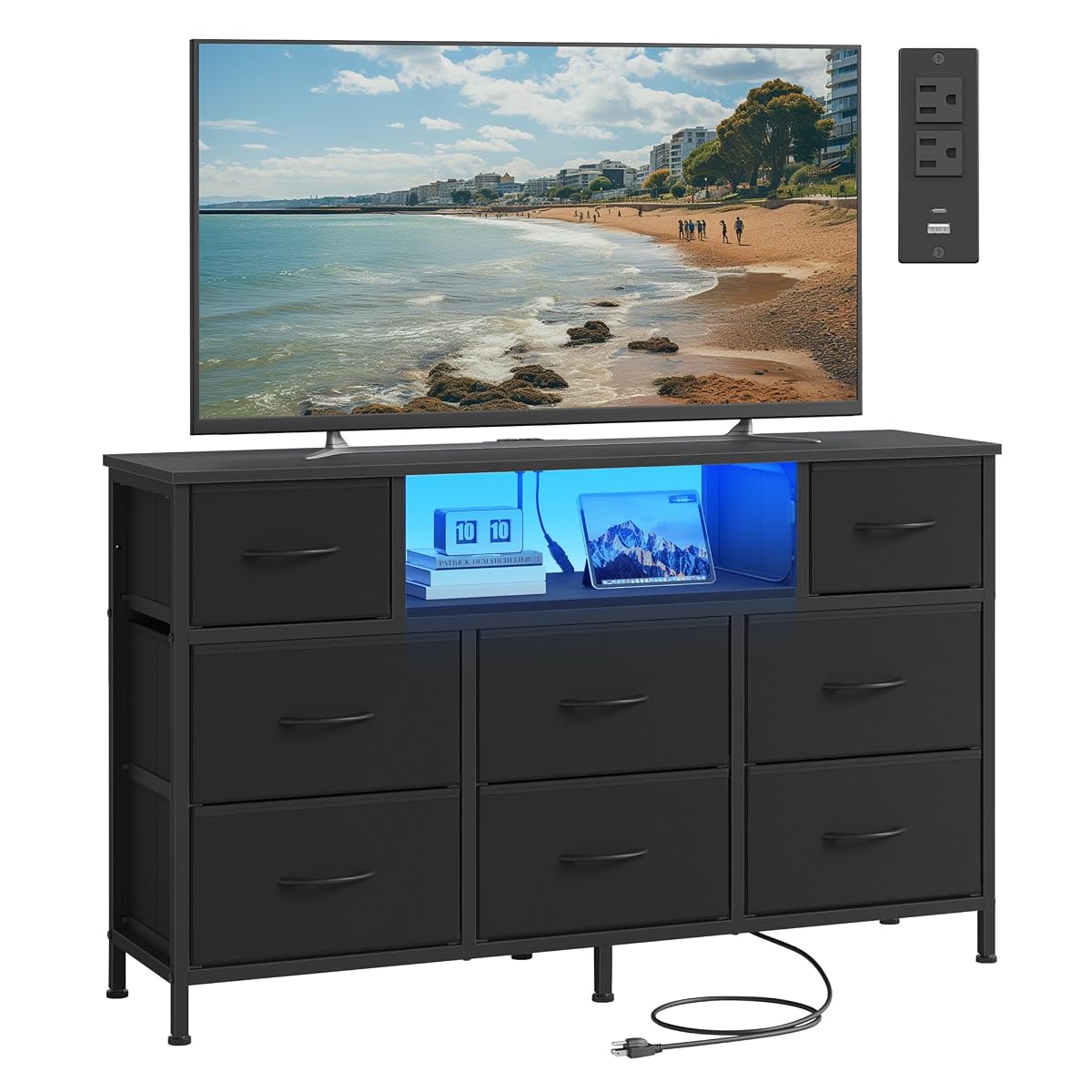 SONGMICS BELLAH Collection - Dresser for Bedroom with Outlets and LED Lights, TV Stand for TVs Up to 55 Inches, Chest of Drawers, 8 Drawers, Steel, Industrial, Modern, Ink Black ULGS433BH02S
