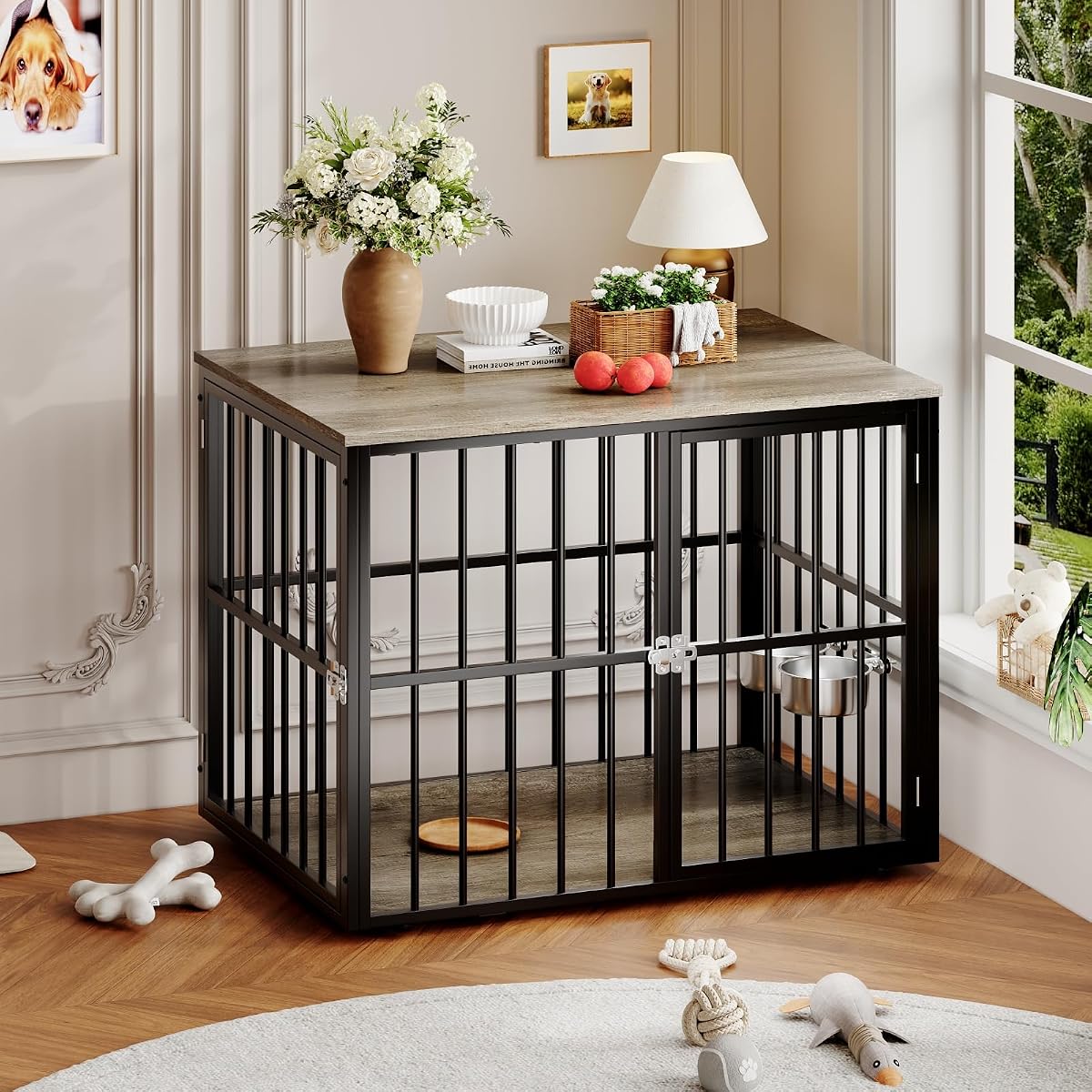 43'' Heavy Duty Dog Crate Furniture with 2 Doors and Adjustable Bowls