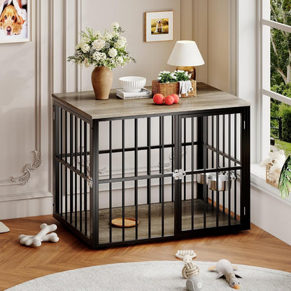 43'' Heavy Duty Dog Crate Furniture with 2 Doors and Adjustable Bowls