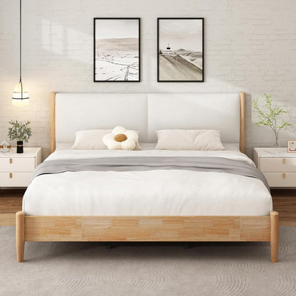 Modern Natural Wood Bed Frame with Headboard, Easy Assemble