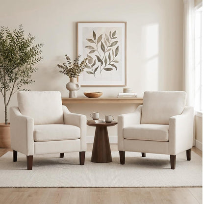 Mid-Century Accent Chairs Set of 2, No Tools Assembly Required, Modern Upholstered Polyester Armchairs for Living Room & Bedroom, Comfortable Reading Chairs with Wood Legs, Beige