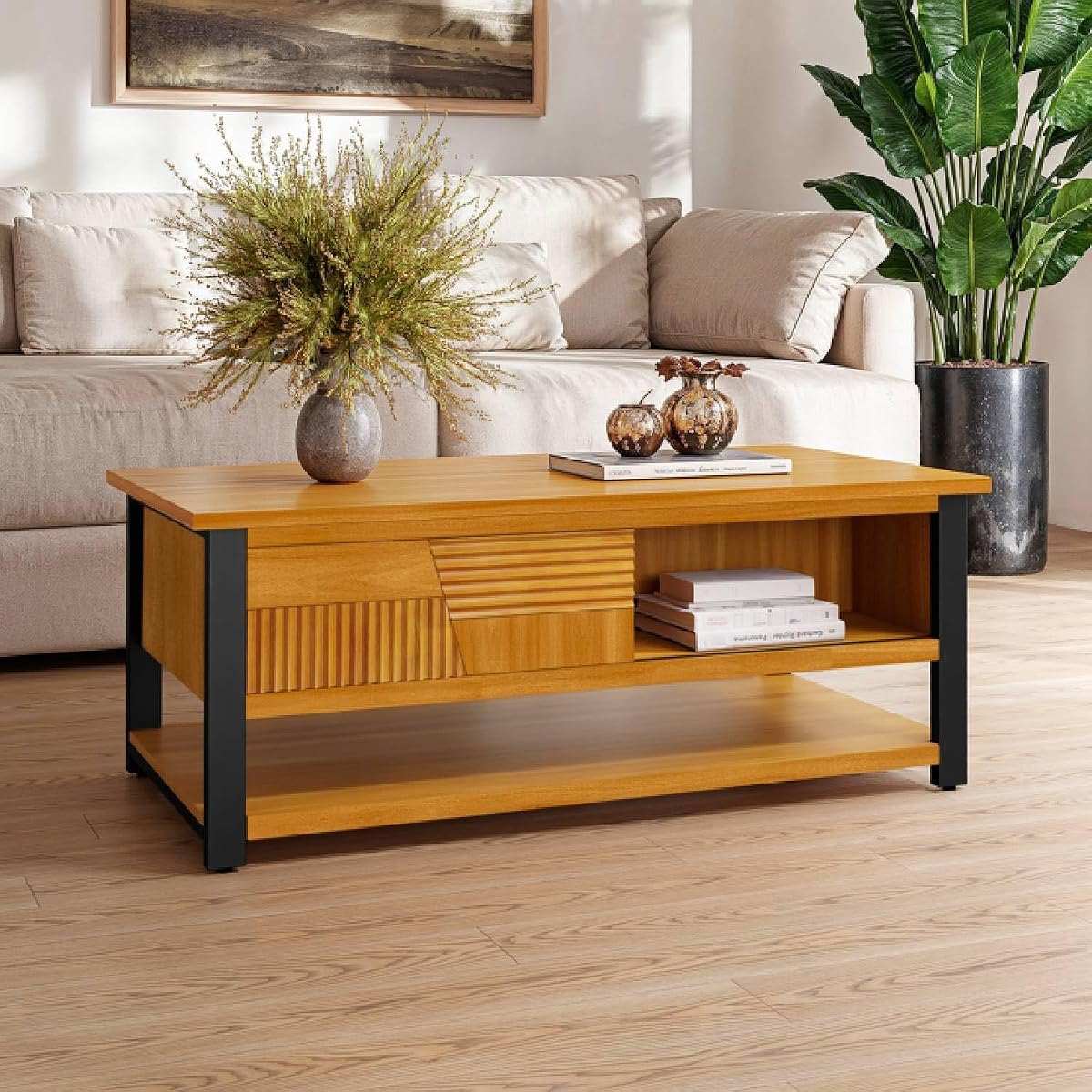 Trapeze Coffee Table for Living Room – Modern Wooden Center Table with Storage, Metal Legs, Large Teak Brown Coffee Table for Stylish Living Room Furniture Setup