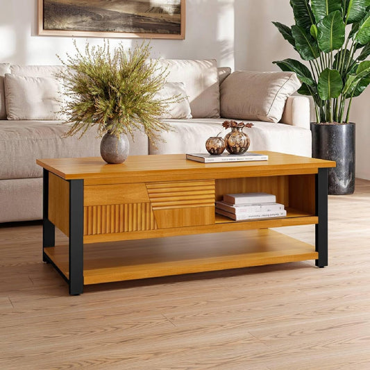 Trapeze Coffee Table for Living Room – Modern Wooden Center Table with Storage, Metal Legs, Large Teak Brown Coffee Table for Stylish Living Room Furniture Setup