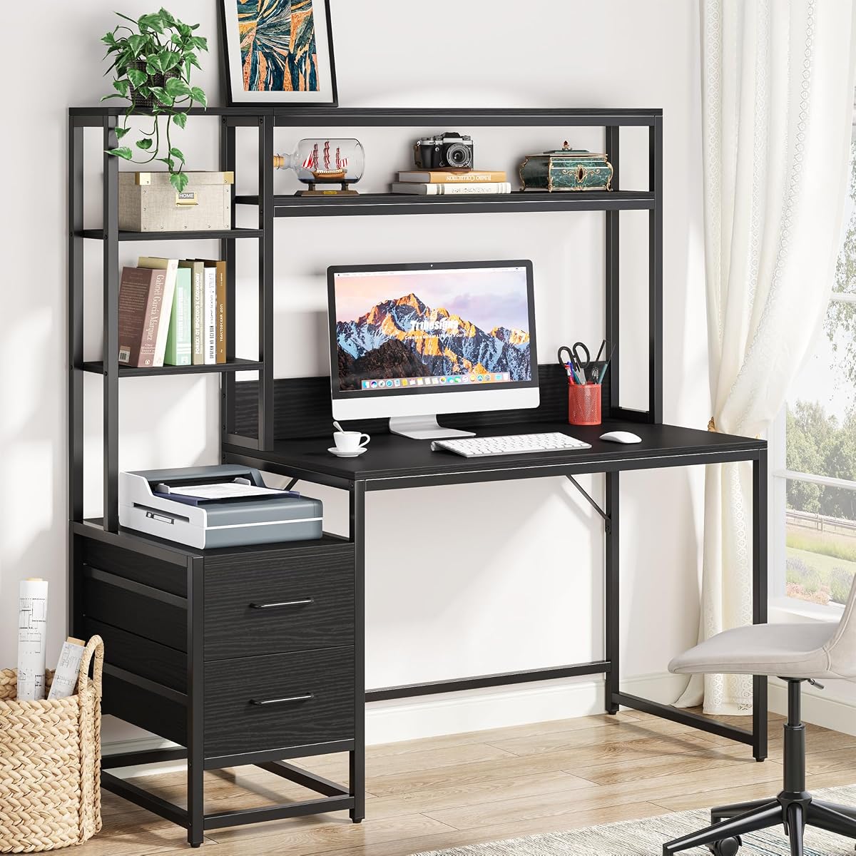 55 Inch Computer Desk with 2 Drawers and Storage Shelves