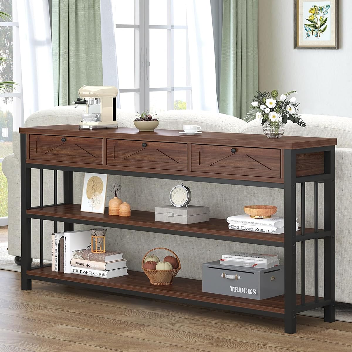 55” Sofa Table with Drawers, Entryway Table with Storage Shelf, 3 Tier Console Table with Storage Behind Couch for Living Room, Rustic Wood Metal Entry Hallway Table for Entrance, Walnut, 55 in