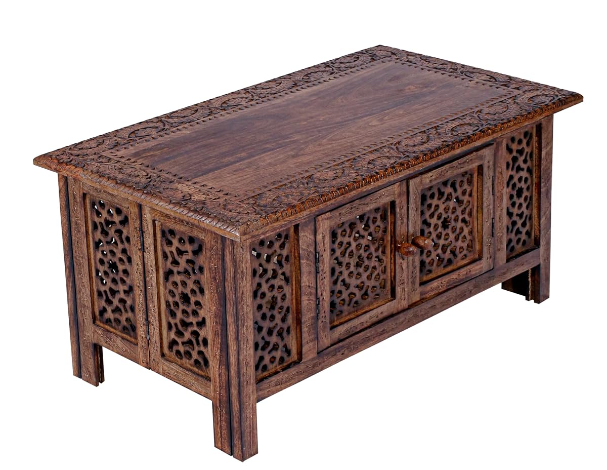Hand-Carved Wooden Coffee Table – 36x18” Rectangular Mango Wood Center Table with Storage, Natural Burnt Finish, Living Room & Accent Table