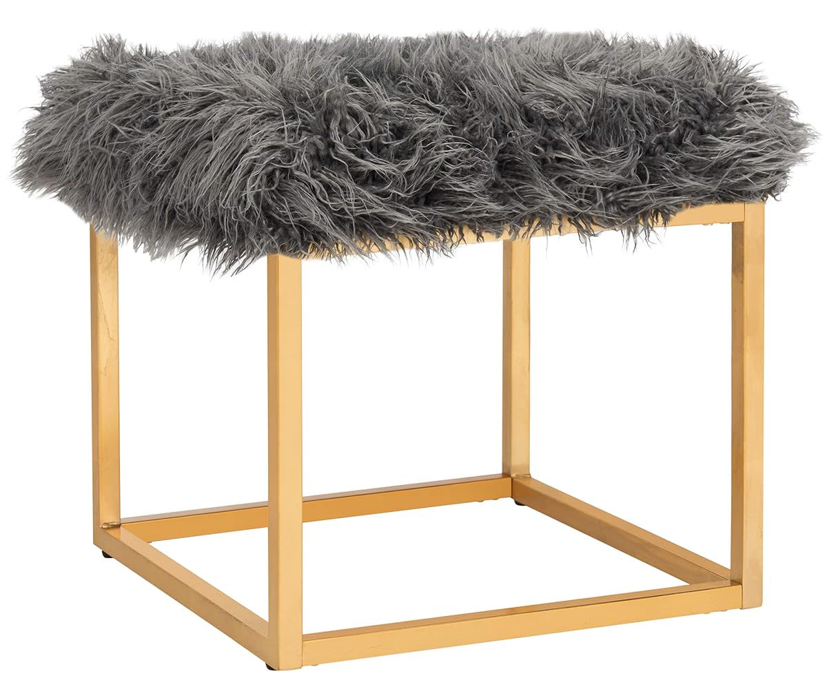 Safavieh Home Collection Rowan Grey Contemporary Glam Faux Sheepkin Square Ottoman, Dark
