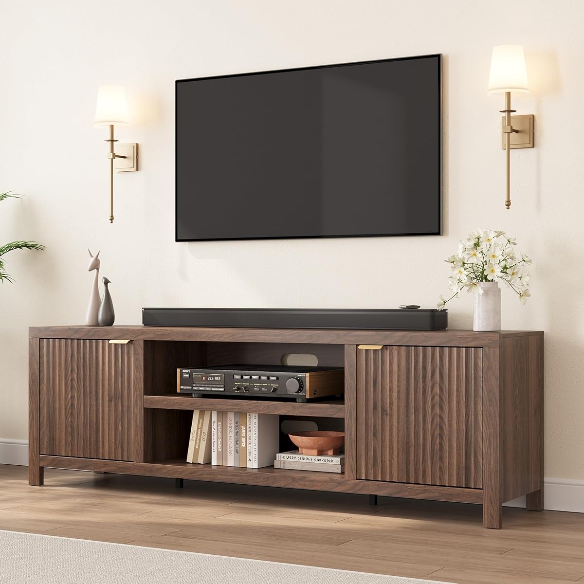 Fluted TV Stand for 80 in, Modern Entertainment Center with Storage
