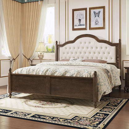 Luxury Queen Size Bed Frame with Upholstered Tufted Headboard,Walnut