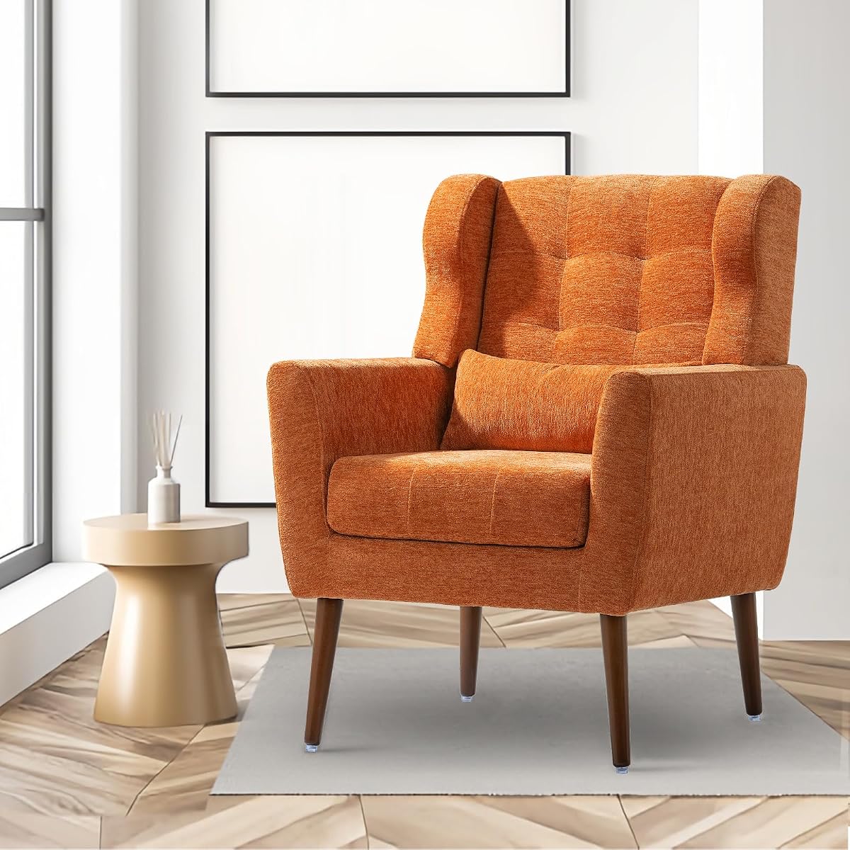 Accent Arm Chairs for Living Room, Chenille Upholstered Mordern Armchair, Comfy Soft Padded Lounge Chair in Small Spaces, Bedroom, Pillow, Solid Wood Leg, Orange