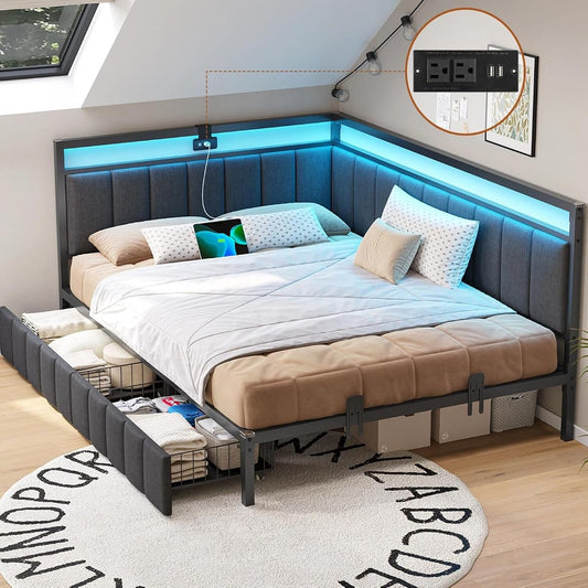 Corner Bed Frame with Drawers and Lighting Gray