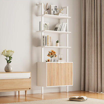 74" Tall Bookshelf with Storage Cabinet, Modern Ladder Shelf with Wood and Metal Frame, Wall Mount Bookcase Open Display Shelf Furniture for Living Room, Bedroom, Home Office, White and Oak