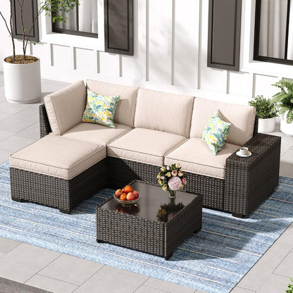 5-Piece Patio Furniture Set, All-Weather Outdoor Wicker Sectional Sofa with Cushions, Tempered Glass Table & Ottoman, Rattan Conversation Seating for Porch, Garden, Backyard,Beige