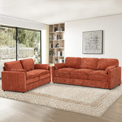 2 Pieces Chenille Sofa Set w/Arm Pillows, Upholstered Loveseat & 3 Seater Sofa w/Comfortable Back Cushions, Modern 2-Seat & 3-Seat w/High-Density Foam for Living Room, Apartment, Orange