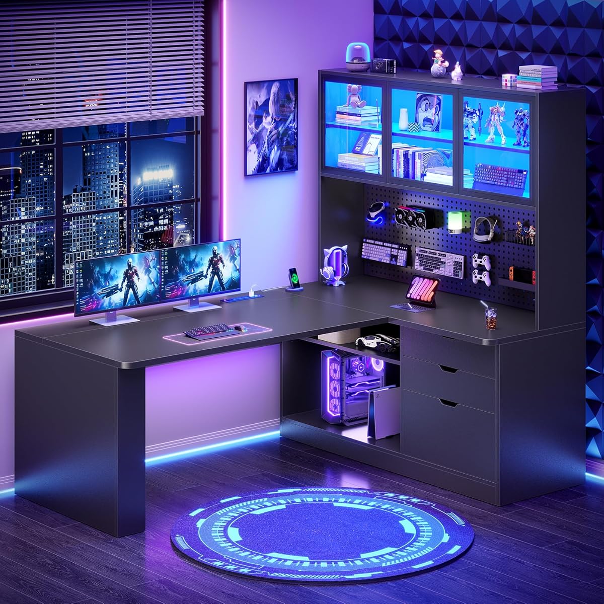 L Shaped Computer Desk, L Shaped Corner Gaming Desk with 3 Wood Drawer and Large Bookshelf, Home Office Desk with LED Light, Display Cabinet and Pegboard, 27.5" W Large Desktop Table, Black
