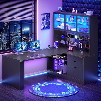 L Shaped Computer Desk, L Shaped Corner Gaming Desk with 3 Wood Drawer and Large Bookshelf, Home Office Desk with LED Light, Display Cabinet and Pegboard, 27.5" W Large Desktop Table, Black