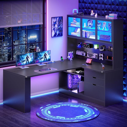 L Shaped Computer Desk, L Shaped Corner Gaming Desk with 3 Wood Drawer and Large Bookshelf, Home Office Desk with LED Light, Display Cabinet and Pegboard, 27.5" W Large Desktop Table, Black