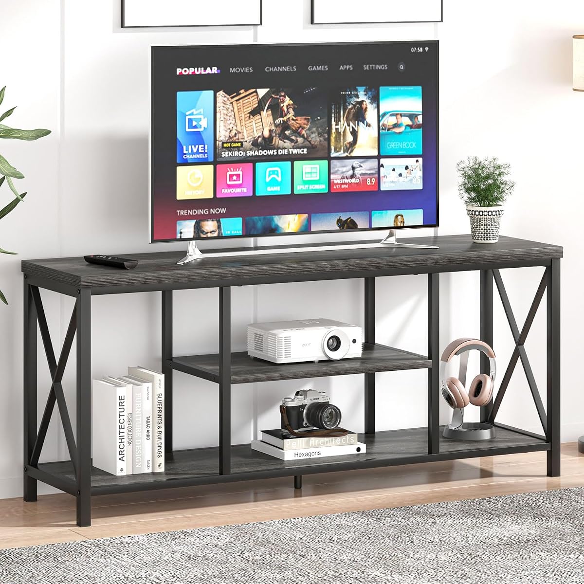 Modern TV Stand for TV up to 65 Inch, Rustic Wood Entertainment Center with Storage Shelves, Industrial Media TV Console and TV Table for Living Room Bedroom, 55 Inch Dark Gray