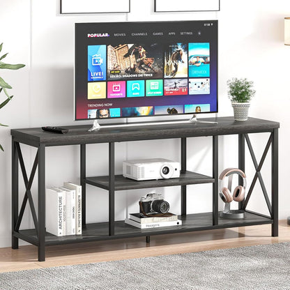 Modern TV Stand for TV up to 65 Inch, Rustic Wood Entertainment Center with Storage Shelves, Industrial Media TV Console and TV Table for Living Room Bedroom, 55 Inch Dark Gray