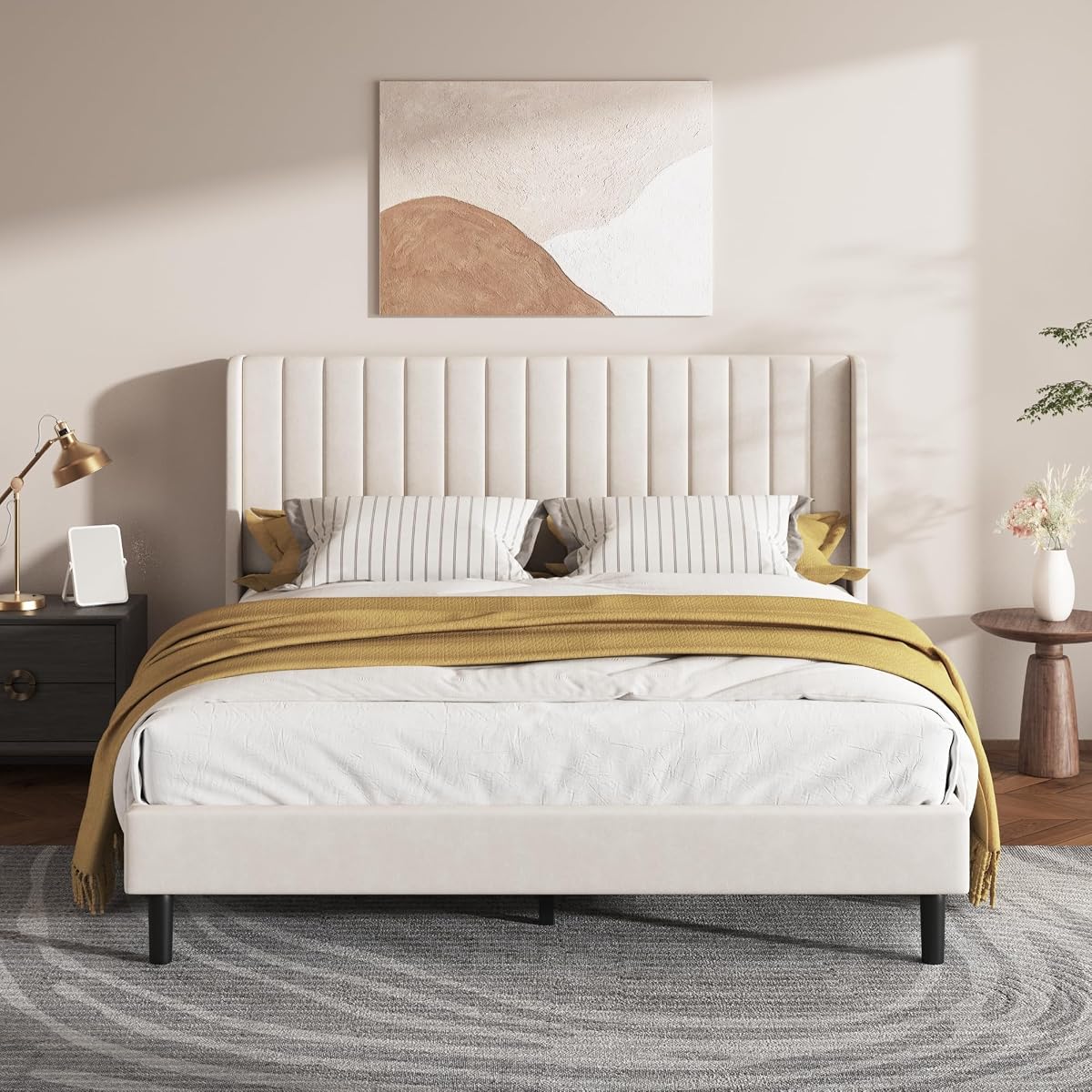 Queen Bed Frame with Vertical Channel Tufted Headboard & Wingback