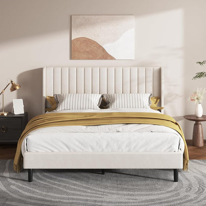 Queen Bed Frame with Vertical Channel Tufted Headboard & Wingback