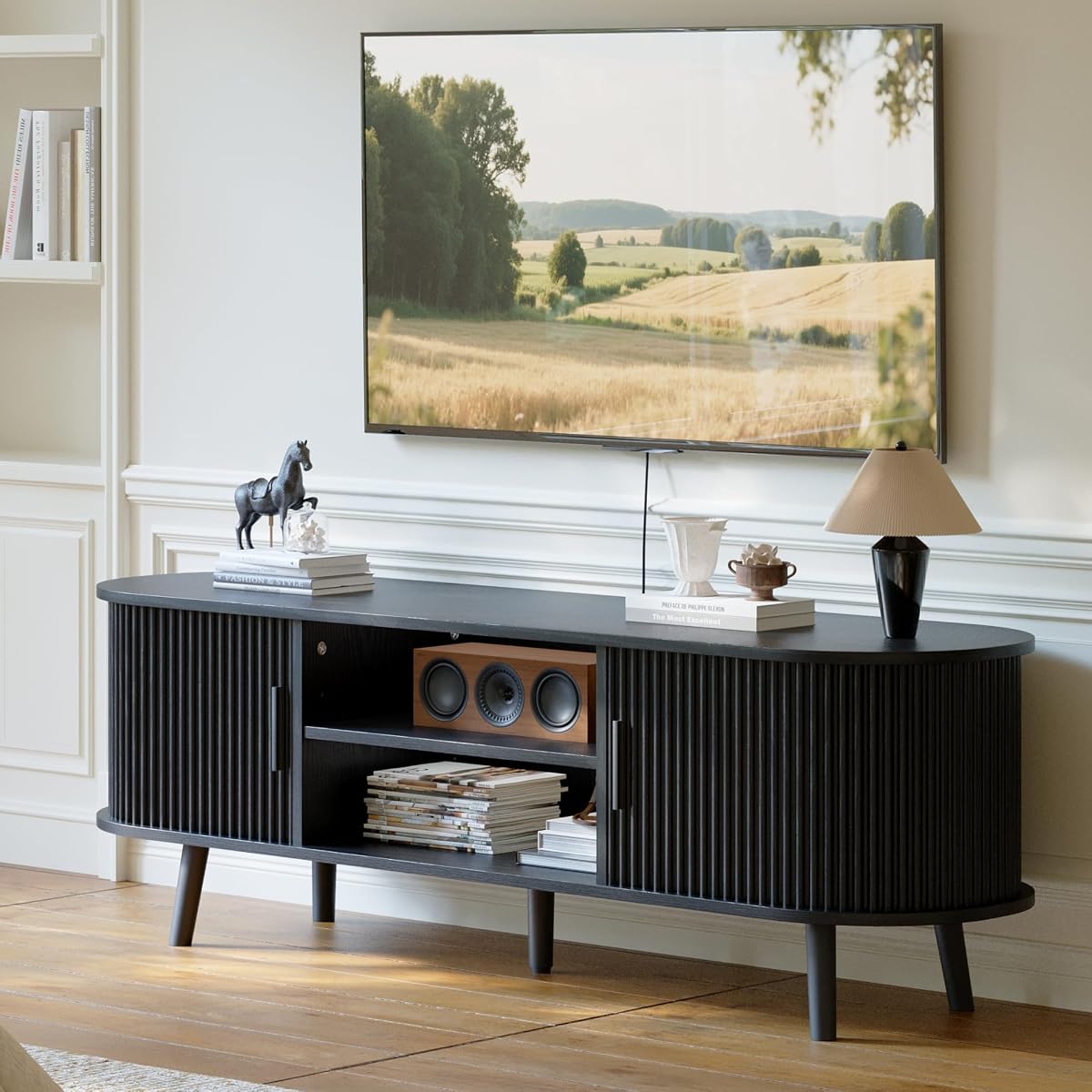 54" Mid Century Modern TV Stand with Fluted Sliding Doors