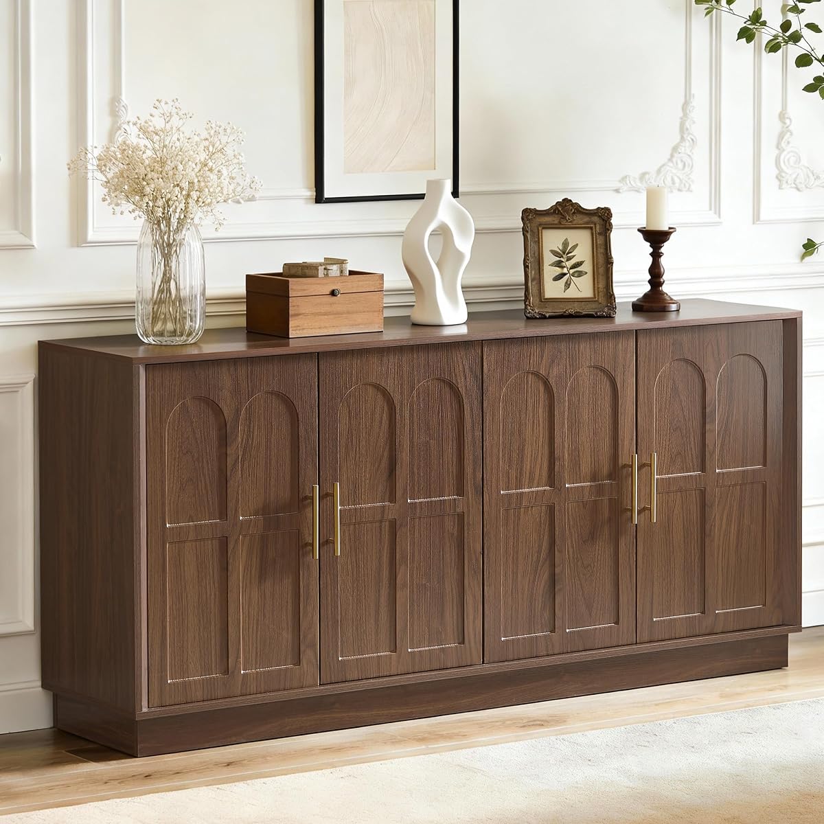 Arched Sideboard Buffet Cabinet with Storage, Walnut