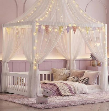 Full Size Canopy Bed Frame with 4 Posters and Guardrails for Kids